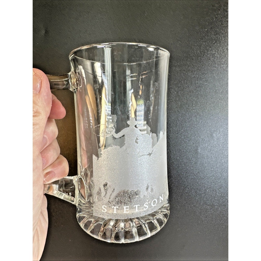 Vintage Stetson Clear Frosted/Etched Beer Mug Featuring Cowboys and Horses